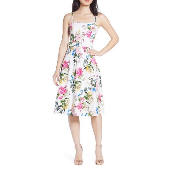 NEW ELIZA J Belted White Taffeta Floral Fit & Flare Dress 14